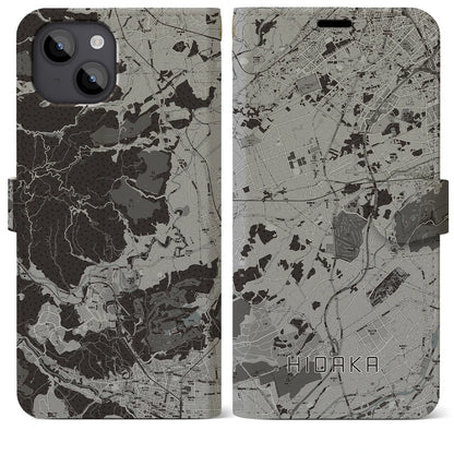 【日高（埼玉県）】地図柄iPhoneケース（手帳タイプ）モノトーン・iPhone 14 Plus 用