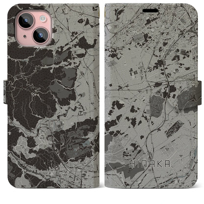 【日高（埼玉県）】地図柄iPhoneケース（手帳タイプ）モノトーン・iPhone 15 Plus 用