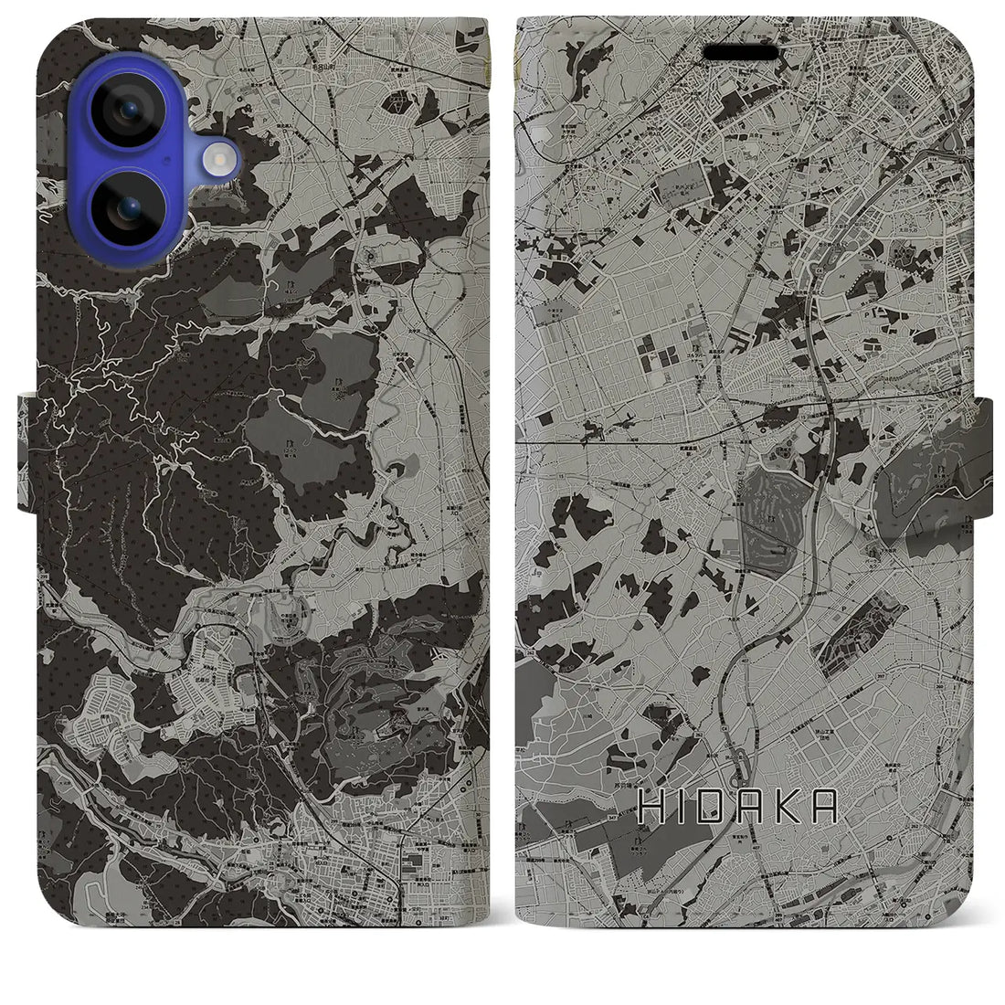 【日高(埼玉県)】地図柄iPhoneケース(手帳タイプ)モノトーン・iPhone 16 Pro Max 用