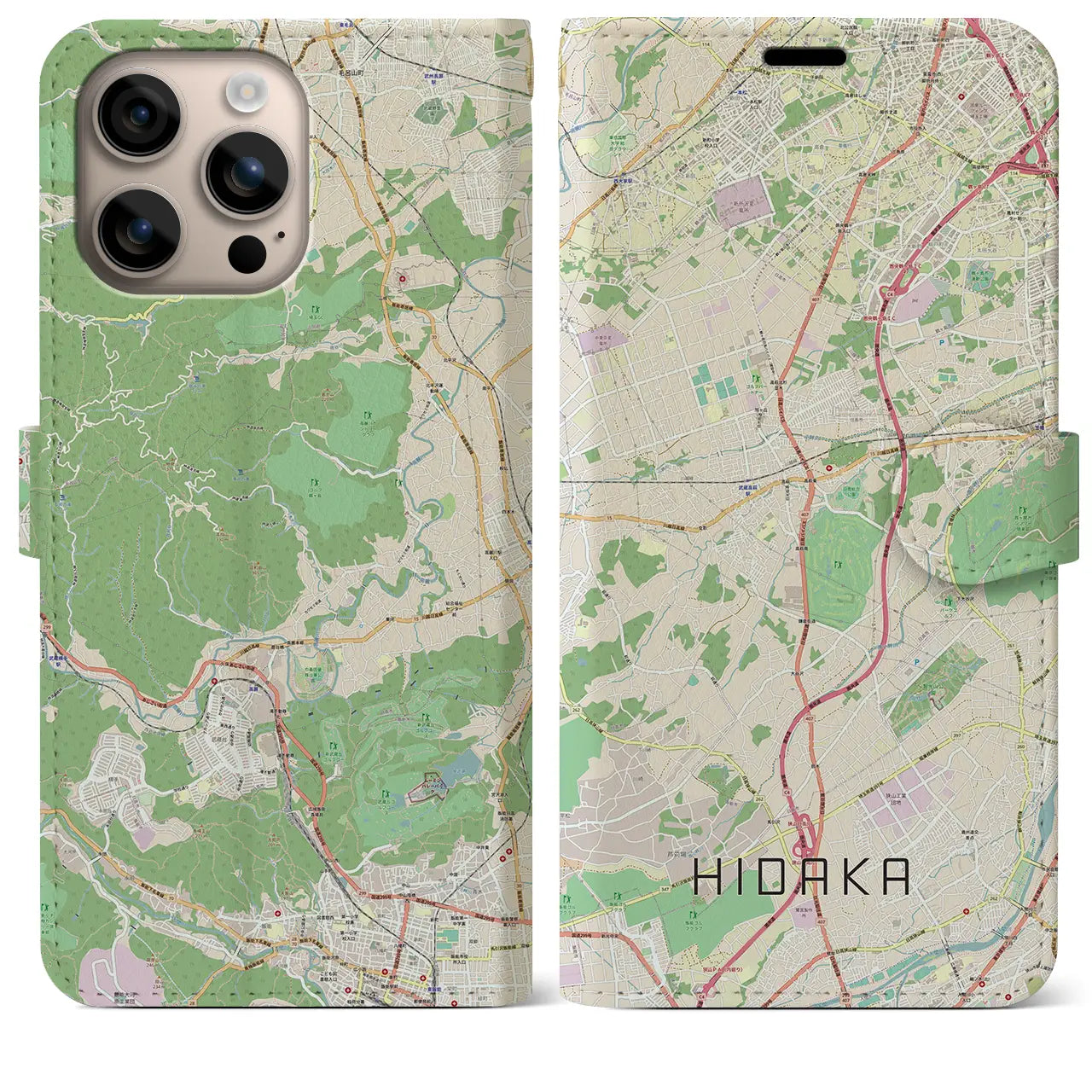 【日高（埼玉県）】地図柄iPhoneケース（手帳タイプ）ナチュラル・iPhone 16 Plus 用