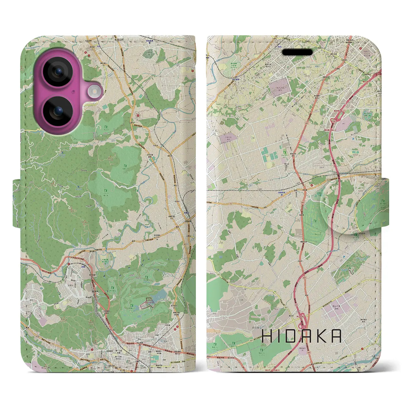 【日高（埼玉県）】地図柄iPhoneケース（手帳タイプ）ナチュラル・iPhone 16 Pro 用