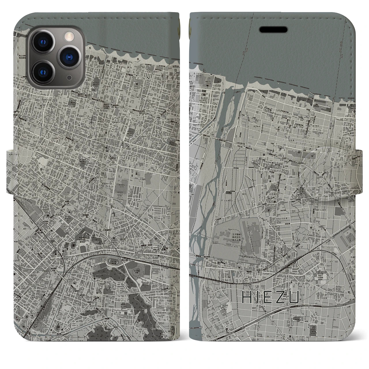【日吉津】地図柄iPhoneケース（手帳両面タイプ・モノトーン）iPhone 11 Pro Max 用