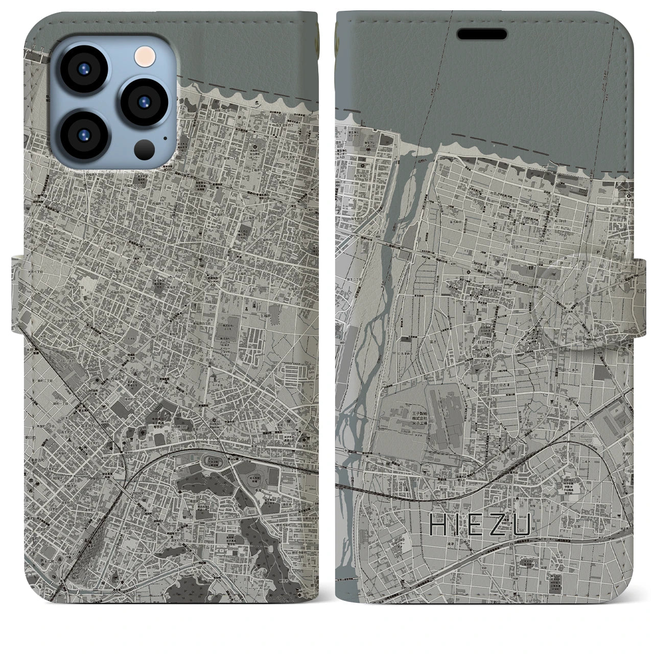 【日吉津】地図柄iPhoneケース（手帳両面タイプ・モノトーン）iPhone 13 Pro Max 用