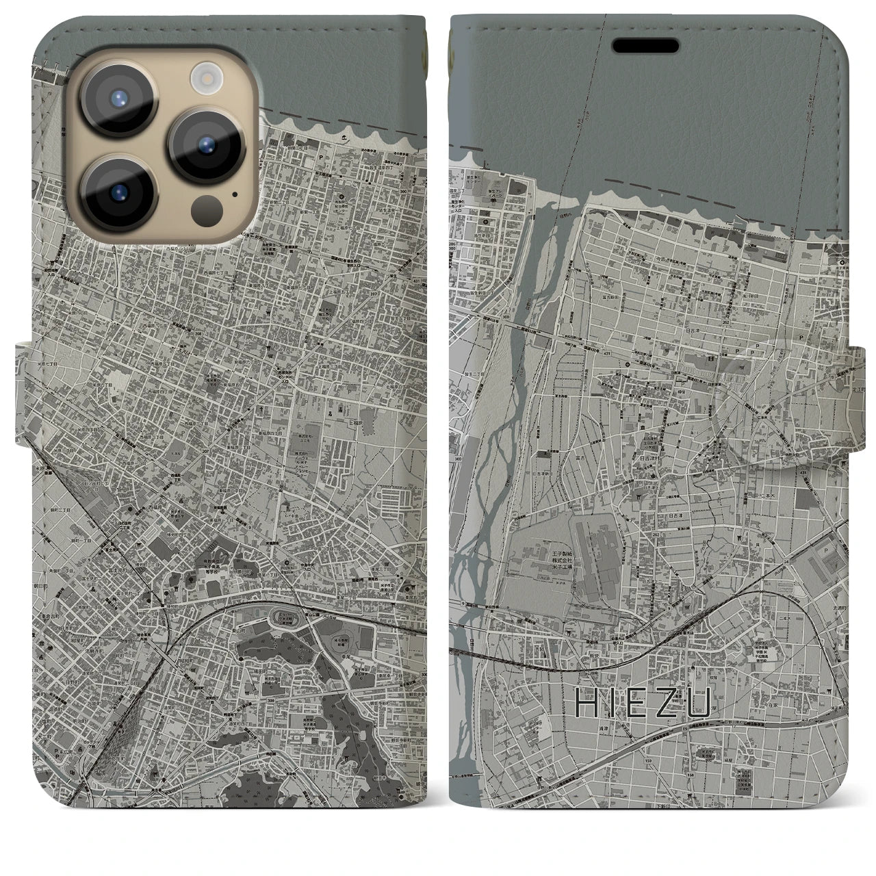 【日吉津】地図柄iPhoneケース（手帳両面タイプ・モノトーン）iPhone 14 Pro Max 用