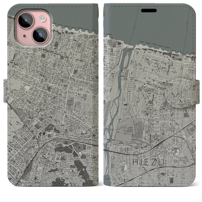 【日吉津（鳥取県）】地図柄iPhoneケース（手帳タイプ）モノトーン・iPhone 15 Plus 用