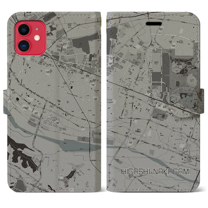 【東中神（東京都）】地図柄iPhoneケース（手帳タイプ）モノトーン・iPhone 11 用