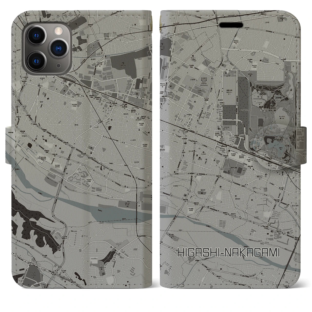【東中神】地図柄iPhoneケース（手帳両面タイプ・モノトーン）iPhone 11 Pro Max 用