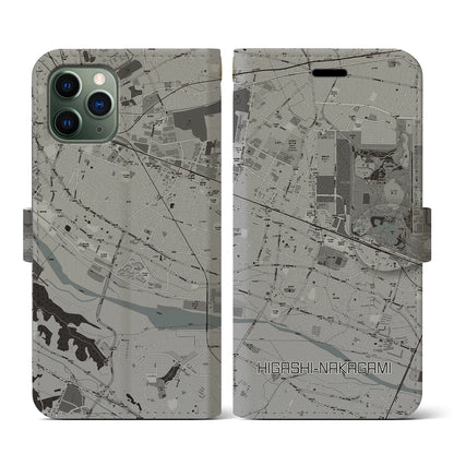 【東中神（東京都）】地図柄iPhoneケース（手帳タイプ）モノトーン・iPhone 11 Pro 用