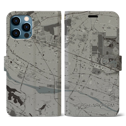 【東中神（東京都）】地図柄iPhoneケース（手帳タイプ）モノトーン・iPhone 12 / 12 Pro 用