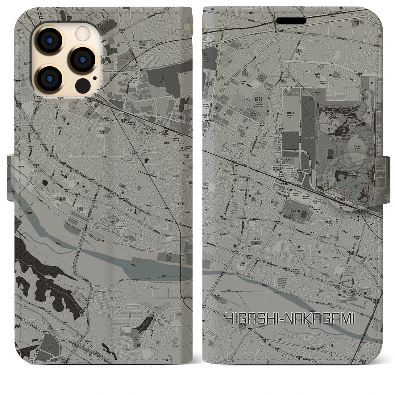 【東中神】地図柄iPhoneケース（手帳両面タイプ・モノトーン）iPhone 12 Pro Max 用