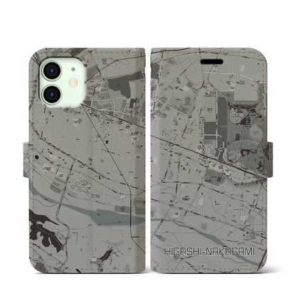 【東中神（東京都）】地図柄iPhoneケース（手帳タイプ）モノトーン・iPhone 12 mini 用