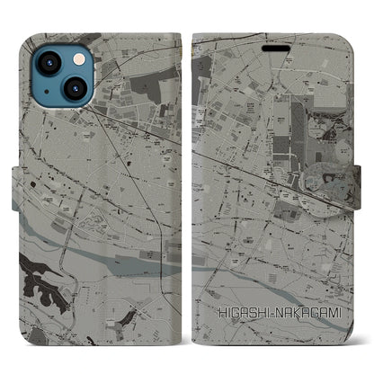 【東中神（東京都）】地図柄iPhoneケース（手帳タイプ）モノトーン・iPhone 13 用