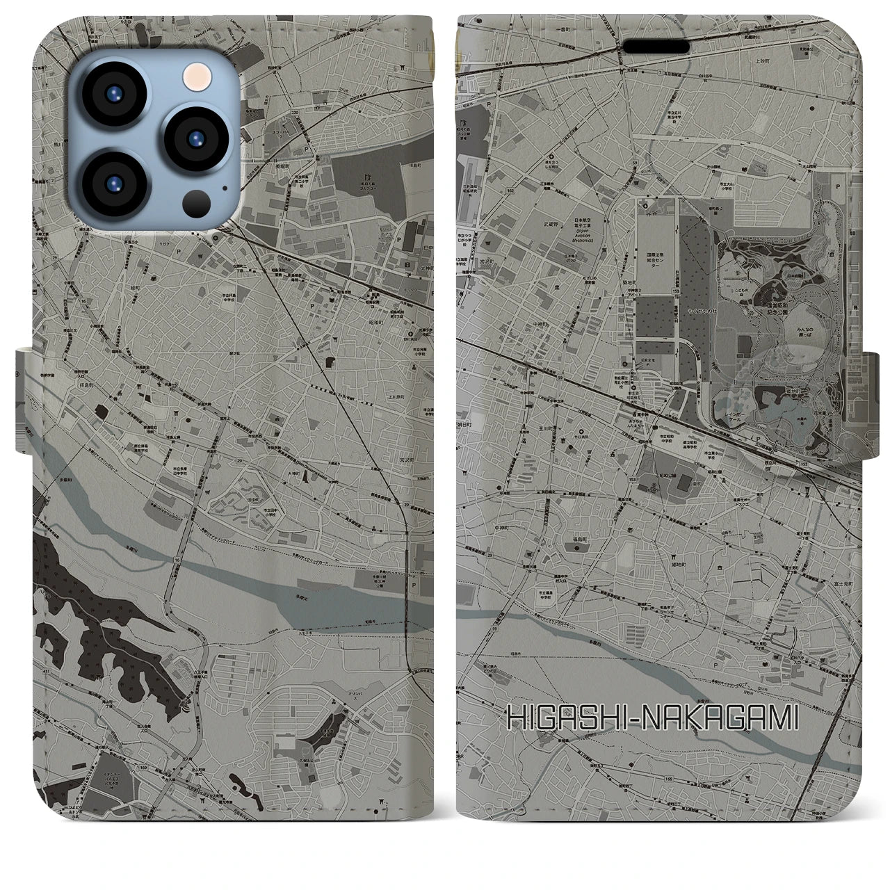 【東中神】地図柄iPhoneケース（手帳両面タイプ・モノトーン）iPhone 13 Pro Max 用