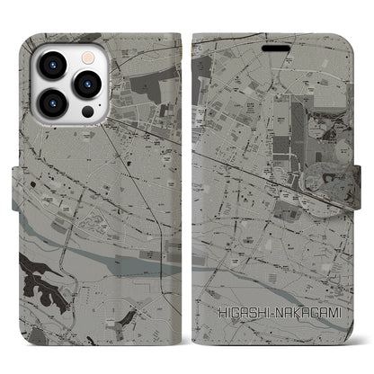 【東中神（東京都）】地図柄iPhoneケース（手帳タイプ）モノトーン・iPhone 13 Pro 用