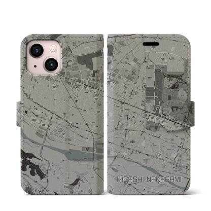 【東中神（東京都）】地図柄iPhoneケース（手帳タイプ）モノトーン・iPhone 13 mini 用