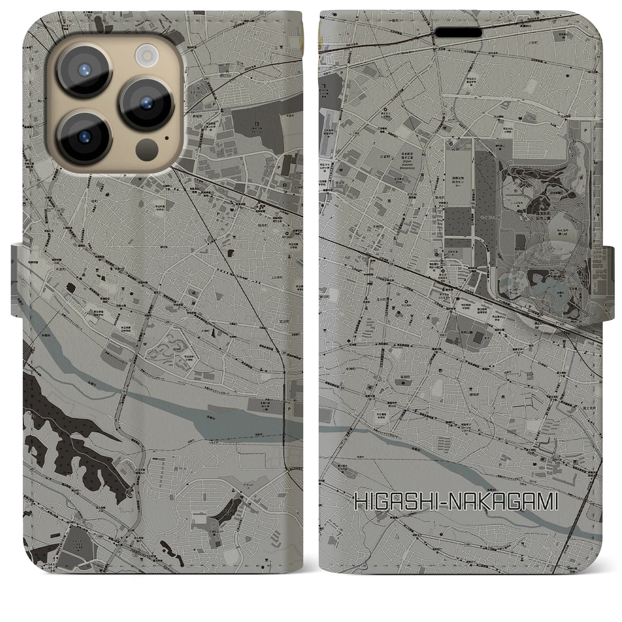 【東中神】地図柄iPhoneケース（手帳両面タイプ・モノトーン）iPhone 14 Pro Max 用