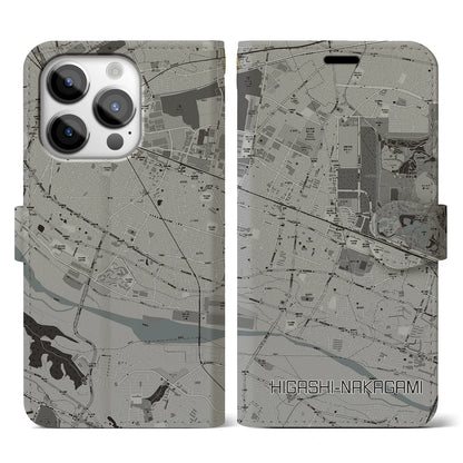 【東中神（東京都）】地図柄iPhoneケース（手帳タイプ）モノトーン・iPhone 14 Pro 用