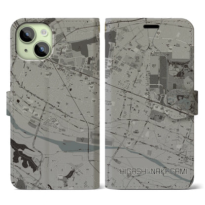 【東中神（東京都）】地図柄iPhoneケース（手帳タイプ）モノトーン・iPhone 15 用