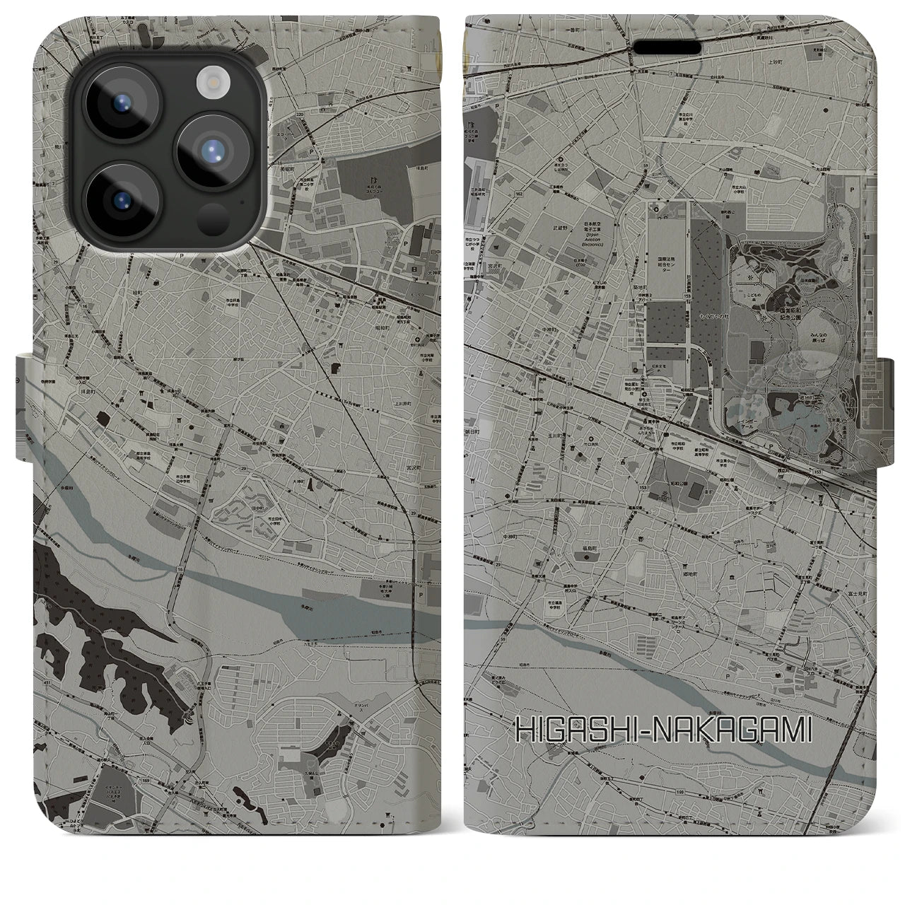 【東中神】地図柄iPhoneケース（手帳両面タイプ・モノトーン）iPhone 15 Pro Max 用