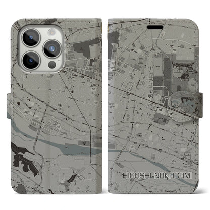 【東中神（東京都）】地図柄iPhoneケース（手帳タイプ）モノトーン・iPhone 15 Pro 用