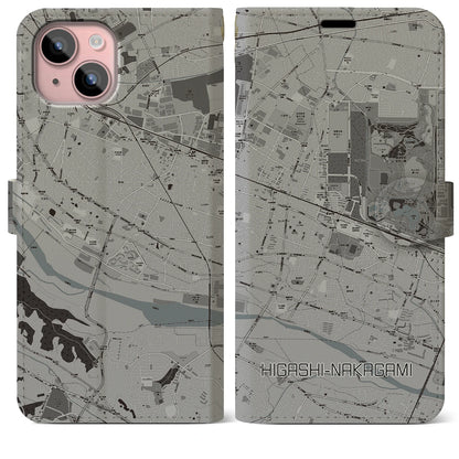 【東中神（東京都）】地図柄iPhoneケース（手帳タイプ）モノトーン・iPhone 15 Plus 用