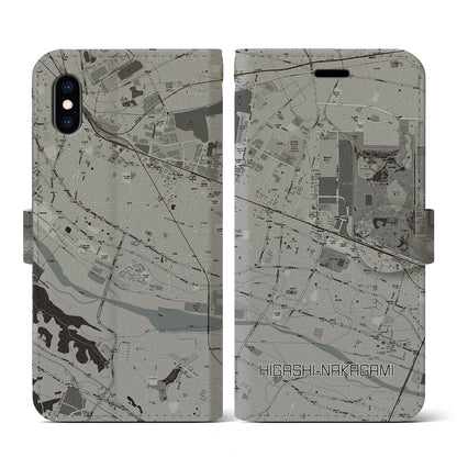 【東中神（東京都）】地図柄iPhoneケース（手帳タイプ）モノトーン・iPhone XS / X 用