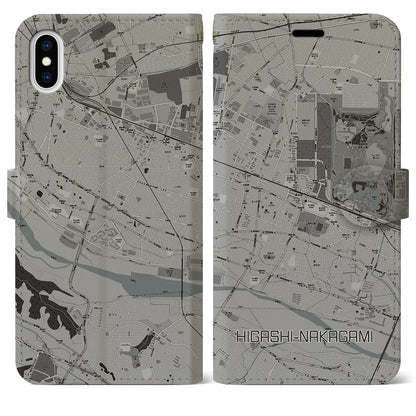 【東中神（東京都）】地図柄iPhoneケース（手帳タイプ）モノトーン・iPhone XS Max 用