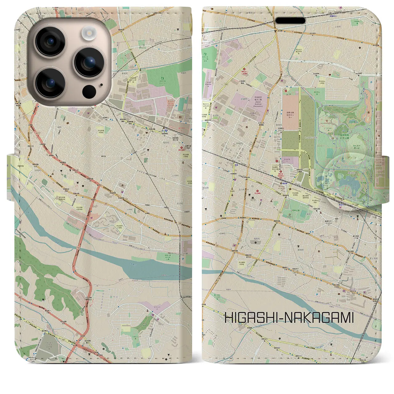 【東中神（東京都）】地図柄iPhoneケース（手帳タイプ）ナチュラル・iPhone 16 Plus 用