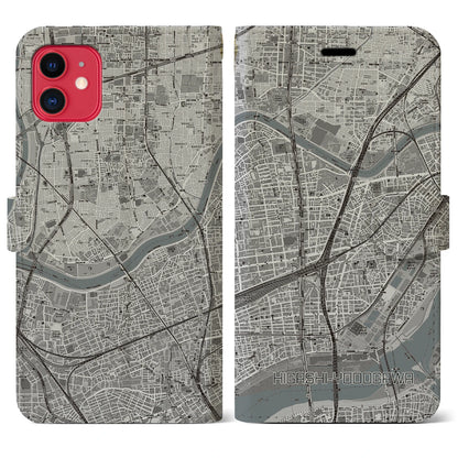 【東淀川（大阪府）】地図柄iPhoneケース（手帳タイプ）モノトーン・iPhone 11 用