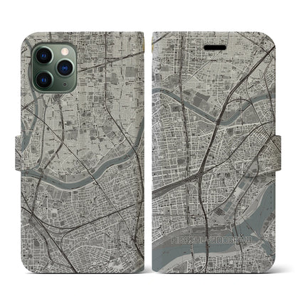 【東淀川（大阪府）】地図柄iPhoneケース（手帳タイプ）モノトーン・iPhone 11 Pro 用