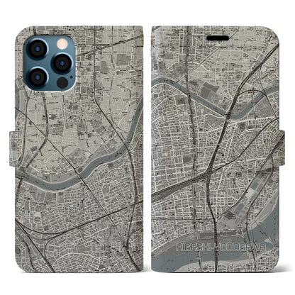 【東淀川（大阪府）】地図柄iPhoneケース（手帳タイプ）モノトーン・iPhone 12 / 12 Pro 用