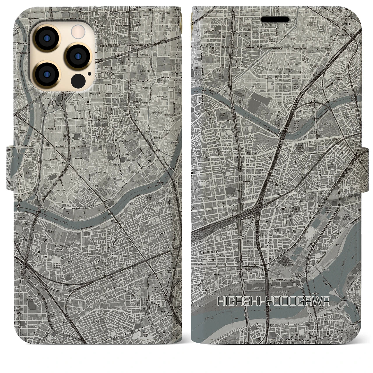 【東淀川】地図柄iPhoneケース（手帳両面タイプ・モノトーン）iPhone 12 Pro Max 用