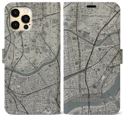 【東淀川（大阪府）】地図柄iPhoneケース（手帳タイプ）モノトーン・iPhone 12 Pro Max 用