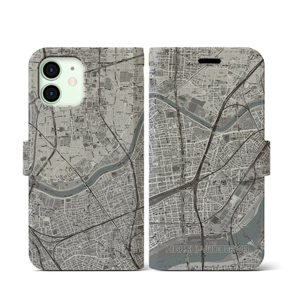 【東淀川（大阪府）】地図柄iPhoneケース（手帳タイプ）モノトーン・iPhone 12 mini 用
