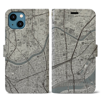 【東淀川（大阪府）】地図柄iPhoneケース（手帳タイプ）モノトーン・iPhone 13 用