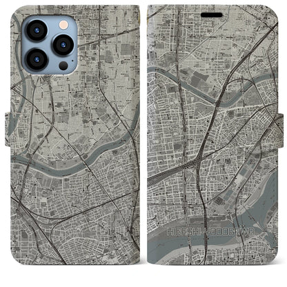 【東淀川（大阪府）】地図柄iPhoneケース（手帳タイプ）モノトーン・iPhone 13 Pro Max 用