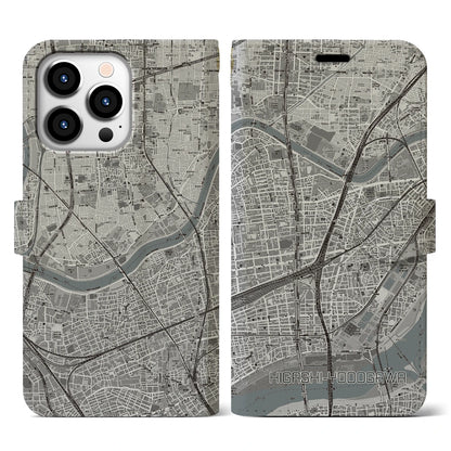 【東淀川（大阪府）】地図柄iPhoneケース（手帳タイプ）モノトーン・iPhone 13 Pro 用