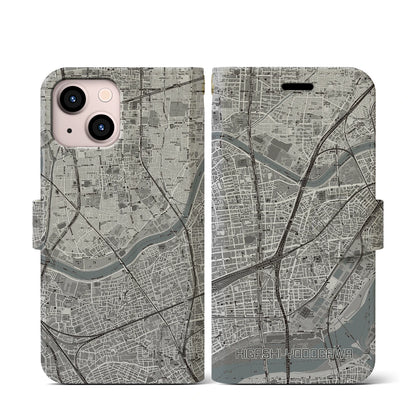 【東淀川（大阪府）】地図柄iPhoneケース（手帳タイプ）モノトーン・iPhone 13 mini 用