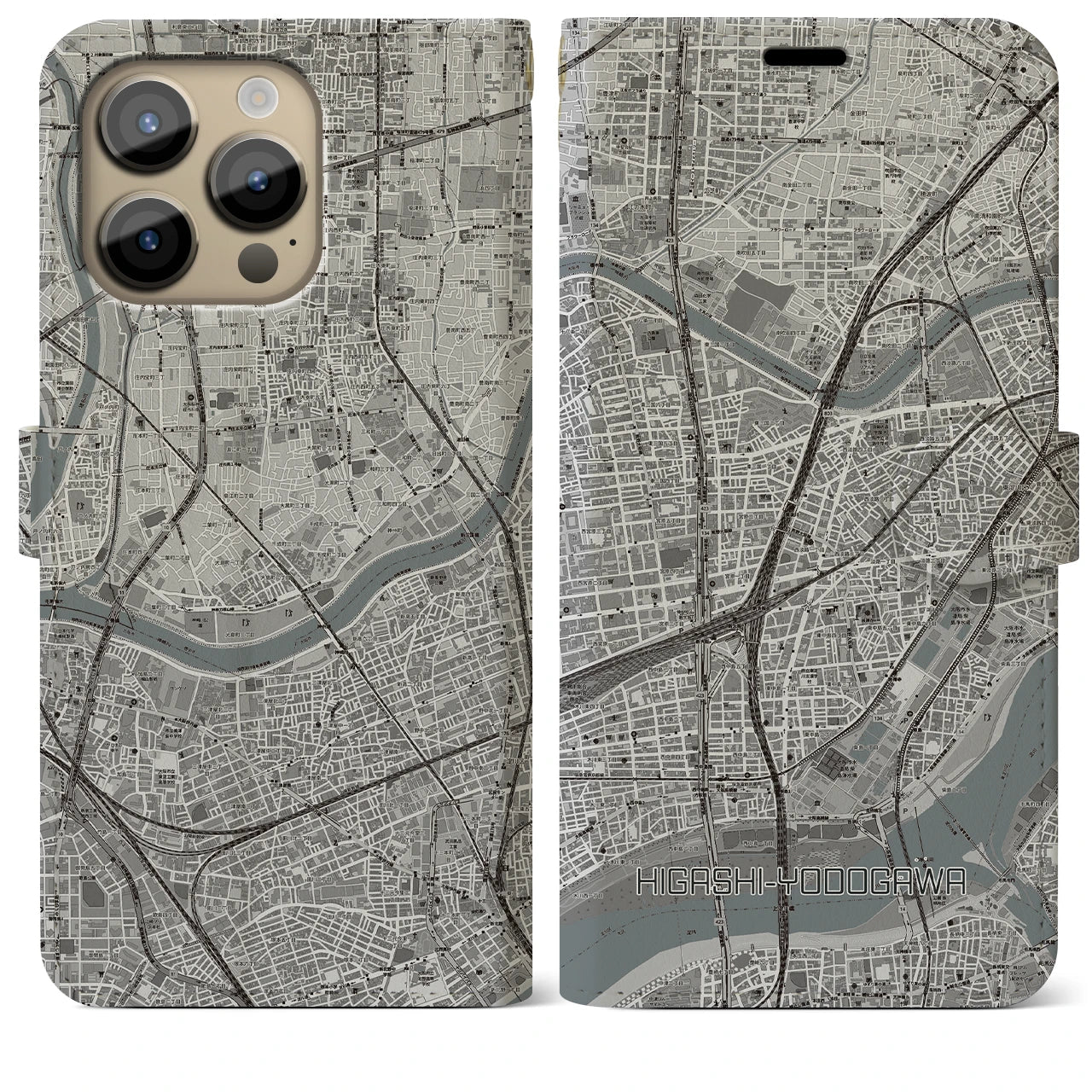 【東淀川】地図柄iPhoneケース（手帳両面タイプ・モノトーン）iPhone 14 Pro Max 用