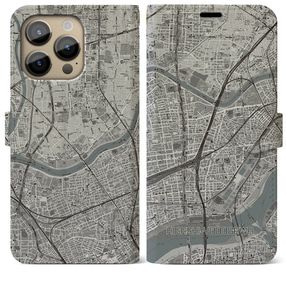 【東淀川（大阪府）】地図柄iPhoneケース（手帳タイプ）モノトーン・iPhone 14 Pro Max 用