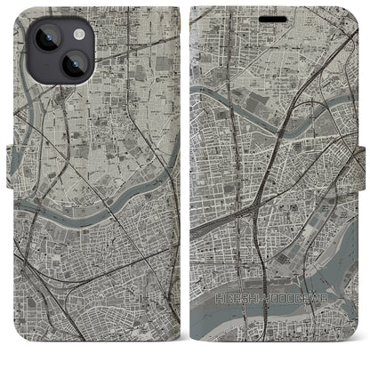 【東淀川（大阪府）】地図柄iPhoneケース（手帳タイプ）モノトーン・iPhone 14 Plus 用