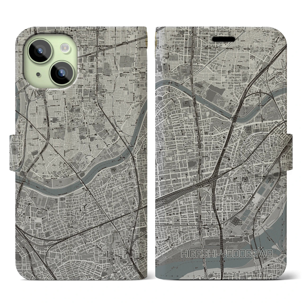 【東淀川】地図柄iPhoneケース（手帳両面タイプ・モノトーン）iPhone 15 用