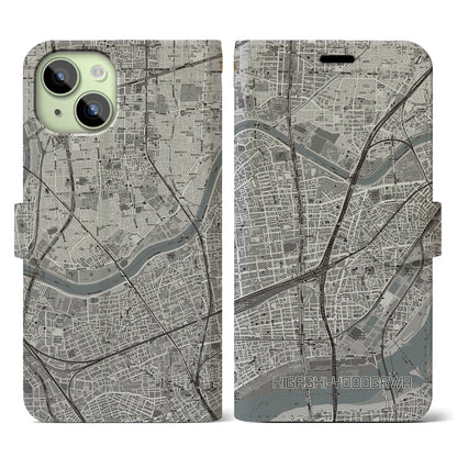 【東淀川（大阪府）】地図柄iPhoneケース（手帳タイプ）モノトーン・iPhone 15 用