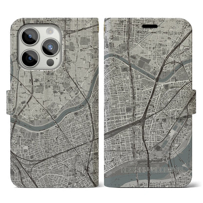 【東淀川（大阪府）】地図柄iPhoneケース（手帳タイプ）モノトーン・iPhone 15 Pro 用