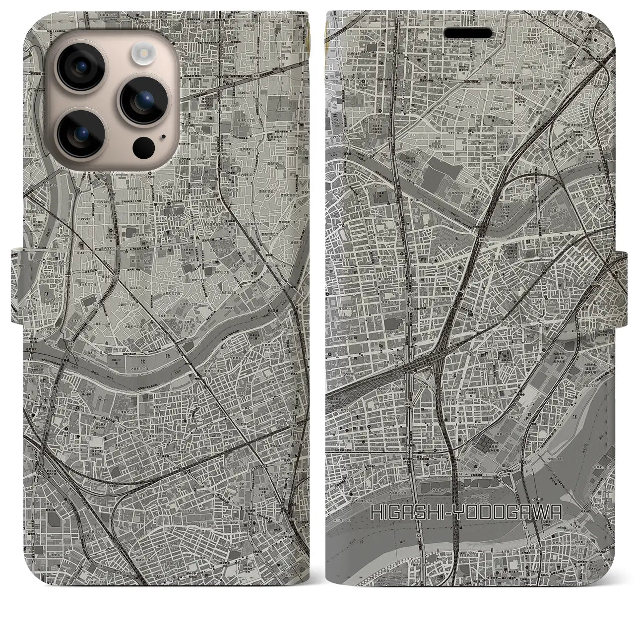 【東淀川（大阪府）】地図柄iPhoneケース（手帳タイプ）モノトーン・iPhone 16 Plus 用