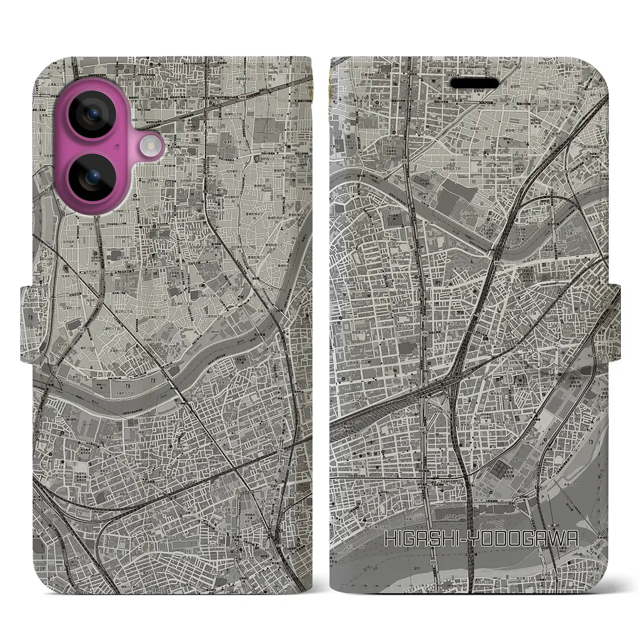 【東淀川（大阪府）】地図柄iPhoneケース（手帳タイプ）モノトーン・iPhone 16 Pro 用