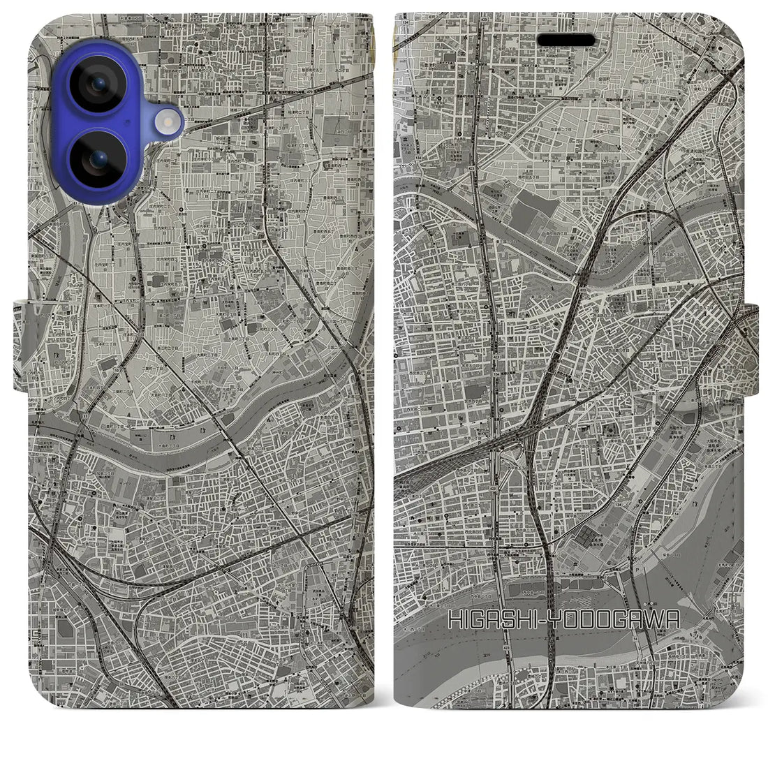 【東淀川(大阪府)】地図柄iPhoneケース(手帳タイプ)モノトーン・iPhone 16 Pro Max 用