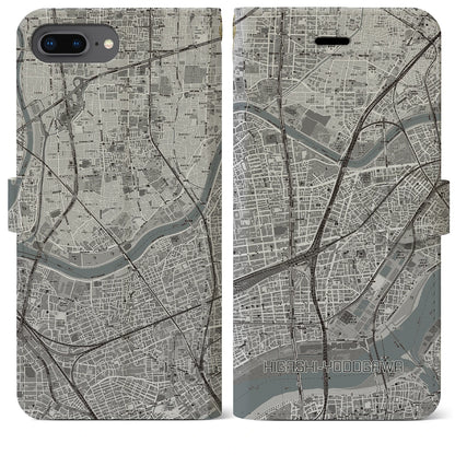 【東淀川（大阪府）】地図柄iPhoneケース（手帳タイプ）モノトーン・iPhone 8Plus /7Plus / 6sPlus / 6Plus 用