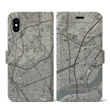 【東淀川（大阪府）】地図柄iPhoneケース（手帳タイプ）モノトーン・iPhone XS / X 用