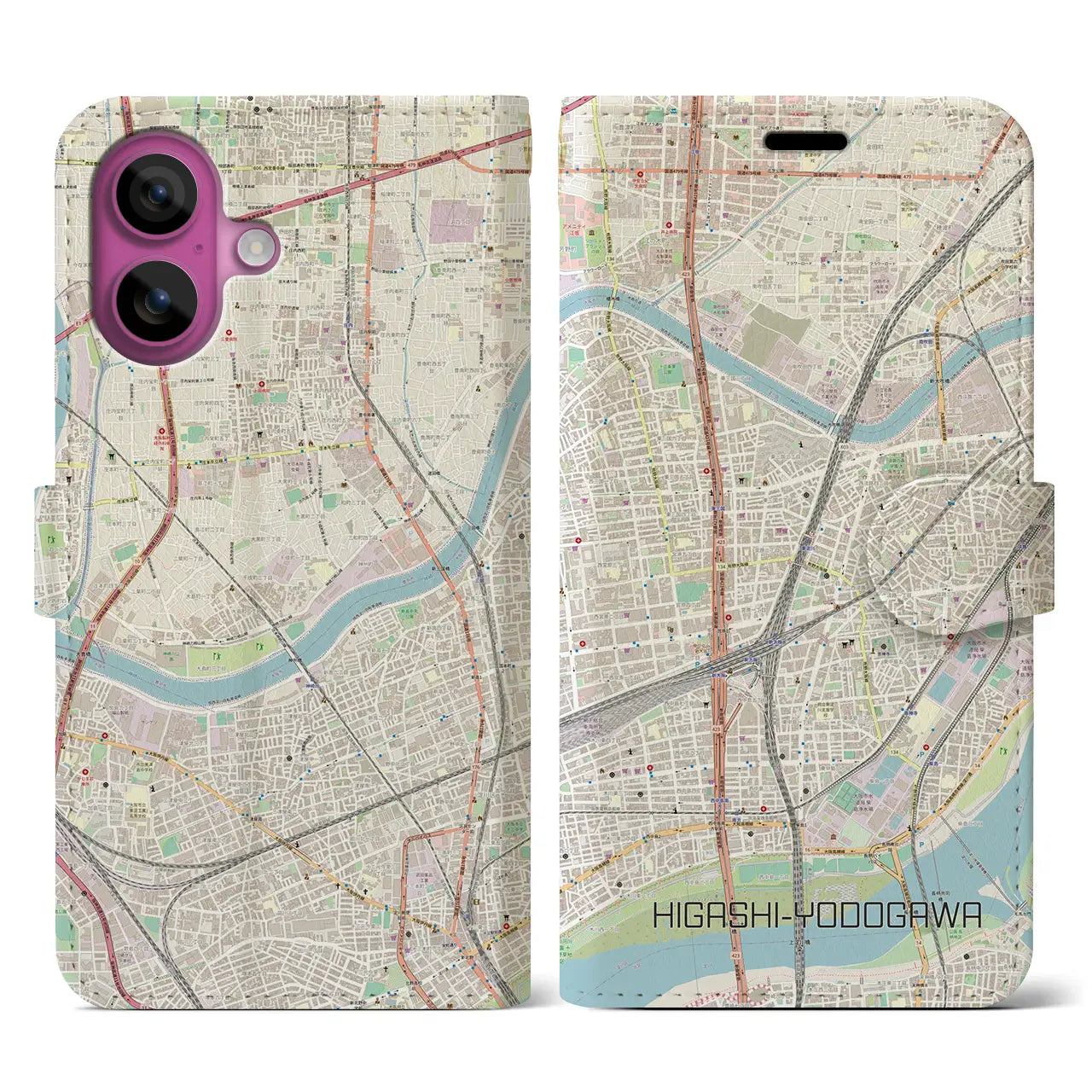 【東淀川（大阪府）】地図柄iPhoneケース（手帳タイプ）ナチュラル・iPhone 16 Pro 用